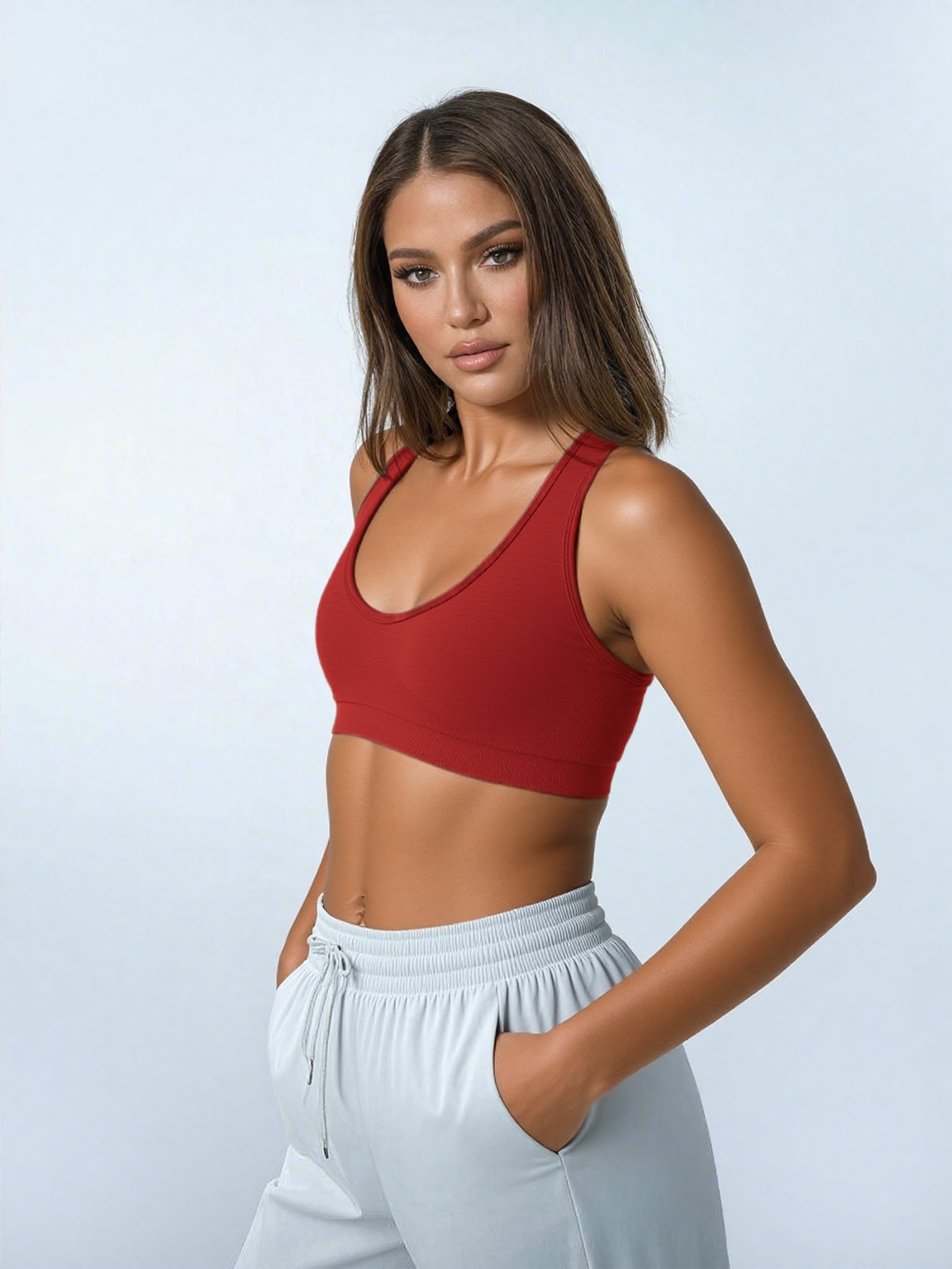 Xooie Fit open-back workout bra in red with a comfortable and stylish design for activewear