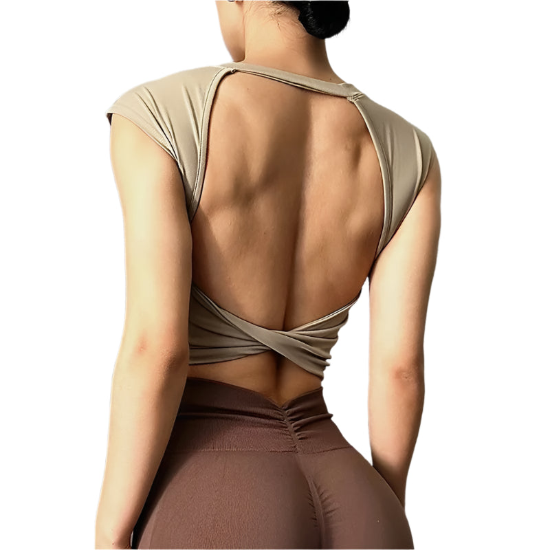 Xooie Fit open-back workout shirt in beige design for stylish and breathable gym wear