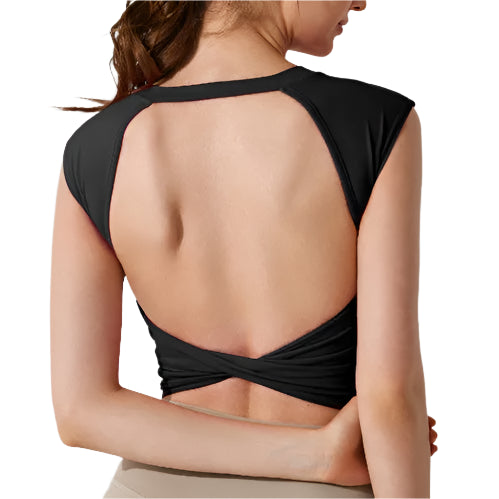 Xooie Fit open-back workout shirt in black with stylish back design for active wear