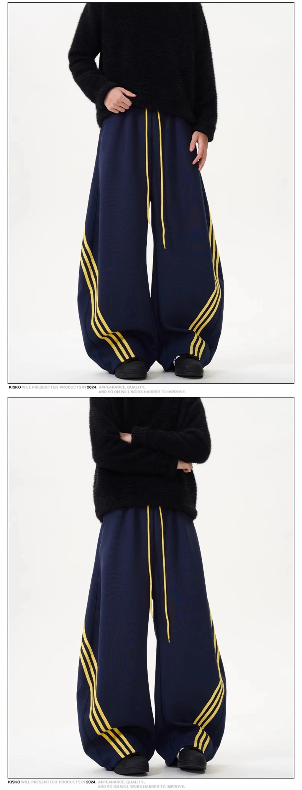 Wide-leg sweatpants with side stripe, drawstring waist, dark navy with black panels