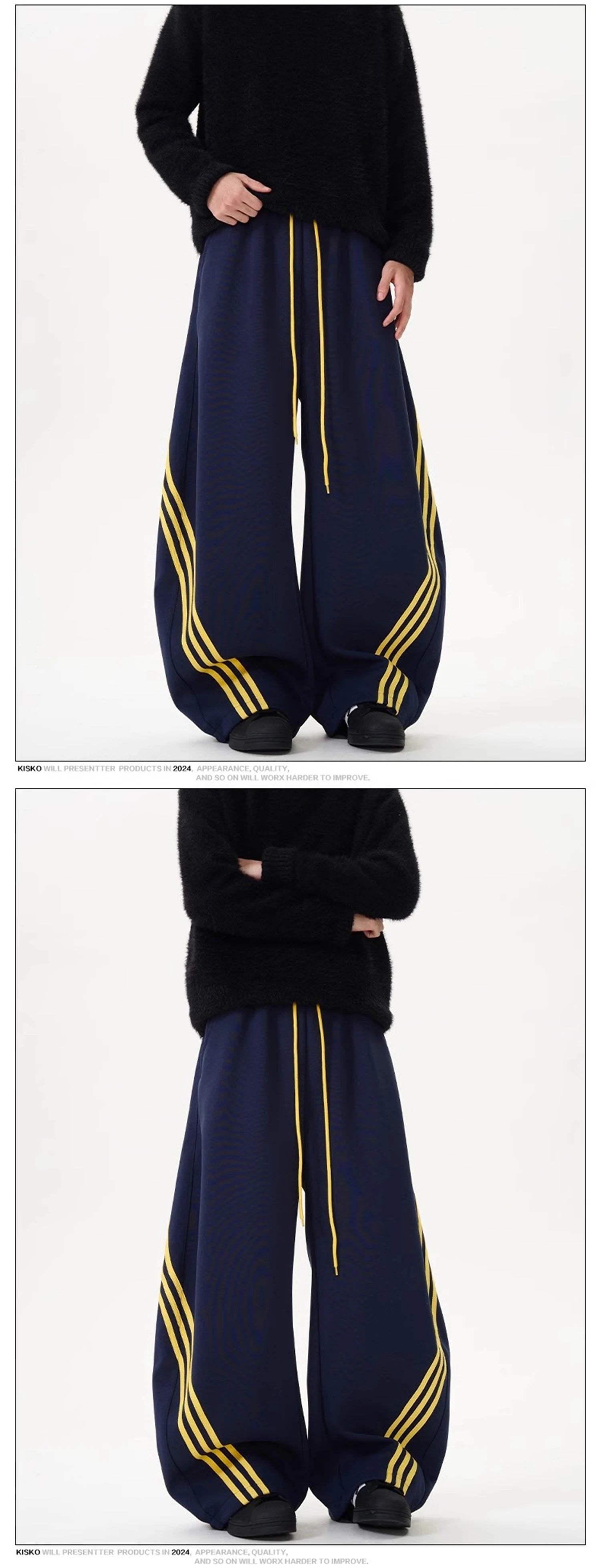Wide-leg sweatpants with side stripe, drawstring waist, dark navy with black panels