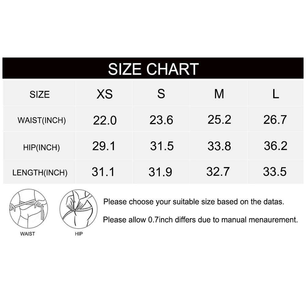 Size chart for Xooie Fit high intensity leggings for women with measurements for XS, S, M, and L