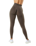 Dark brown active leggings with high-rise waistband and full-length skinny legs