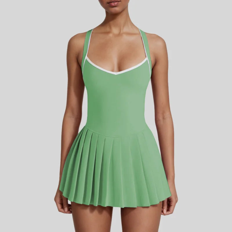 Xooie Fit green pickleball dress with built-in shorts and pleated skirt for active wear