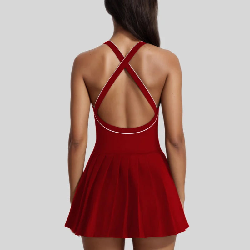Xooie Fit red pickleball dress with built-in shorts and a stylish cross-back design