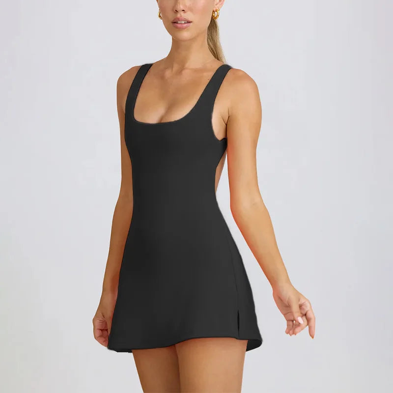Stylish black Xooie Fit pickleball fitness dress for women with a sleek design and comfortable fit