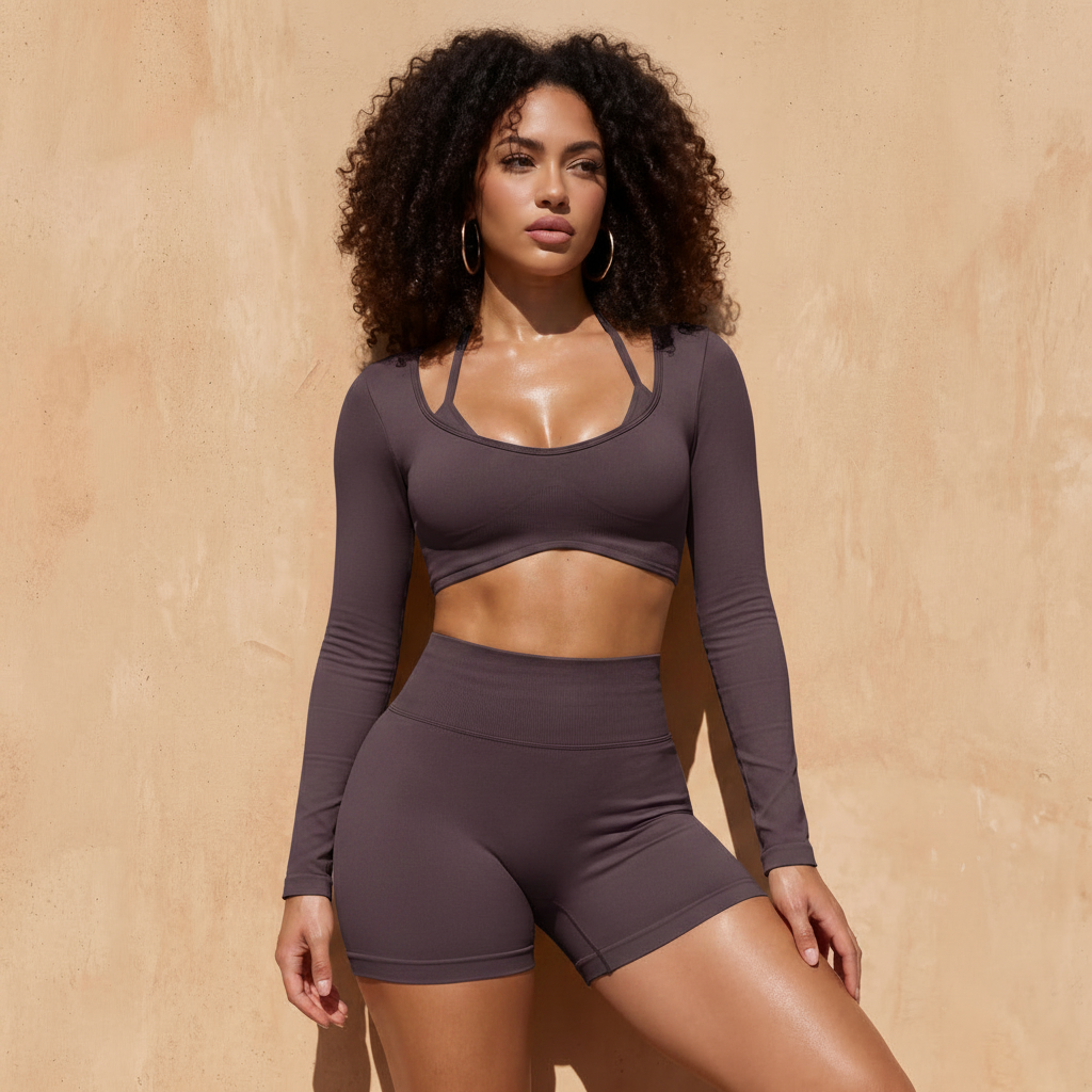 Plum purple set: long-sleeve crop bra top and matching high-rise shorts