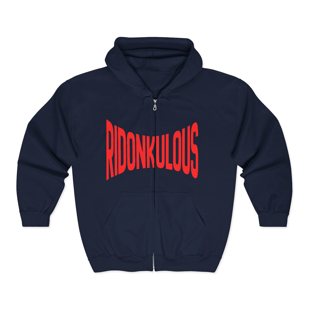 Navy full-zip hooded sweatshirt with red “RIDONKULOUS” graphic on front