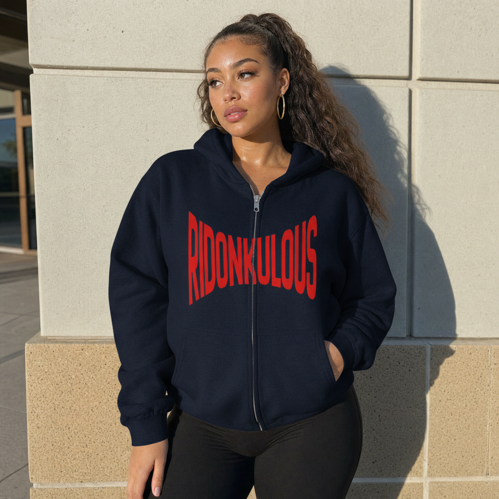 Dark navy full-zip hoodie with red Ridonkulous graphic, hood and kangaroo pocket