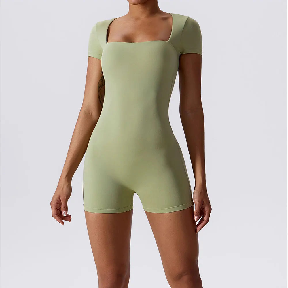 Women's one-piece yoga suit, matcha green short sleeves square neckline fitted shorts