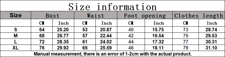 Size chart for women's one-piece yoga suit: bust, waist, foot opening, clothing length