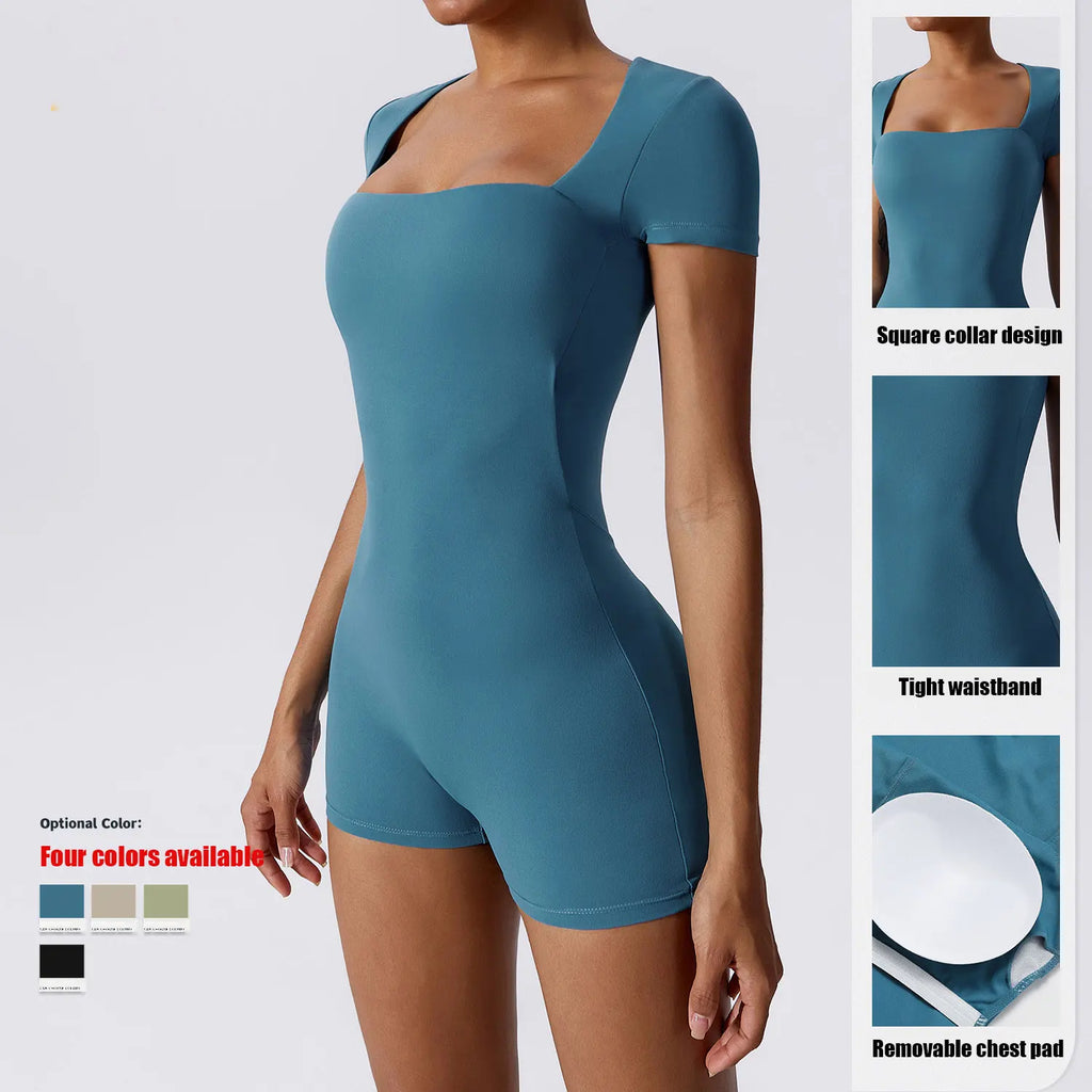 Women's one-piece yoga suit in peacock blue, square neckline, tight waistband