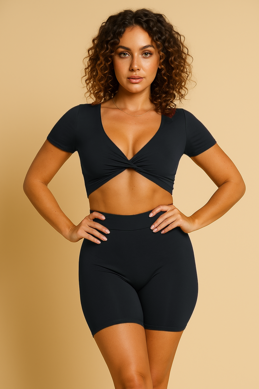 Xooie Fit black short sleeve crop top and shorts set with twist front design and high-waisted shorts