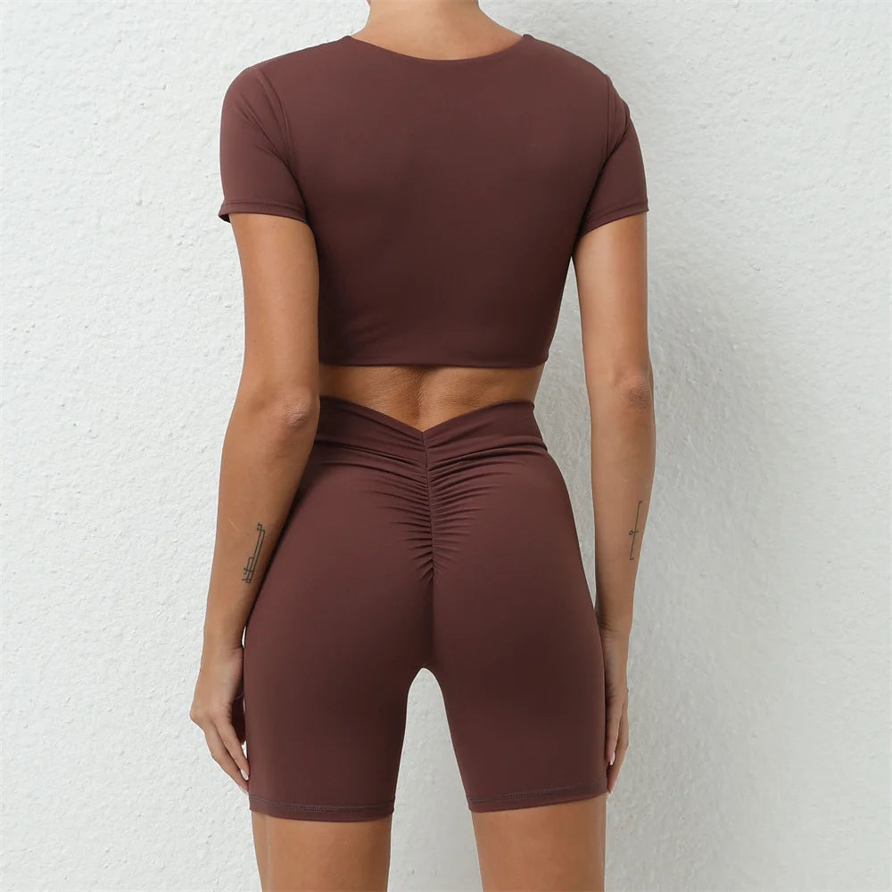 Xooie Fit short sleeve crop top and shorts set in brown with ruched detail on high-waisted shorts