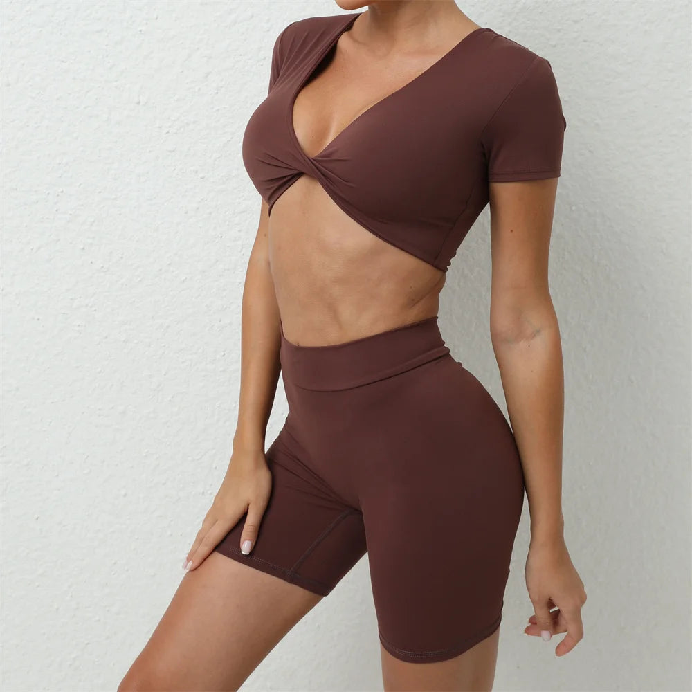 Xooie Fit brown short sleeve crop top and shorts set with twist front design and high-waisted shorts