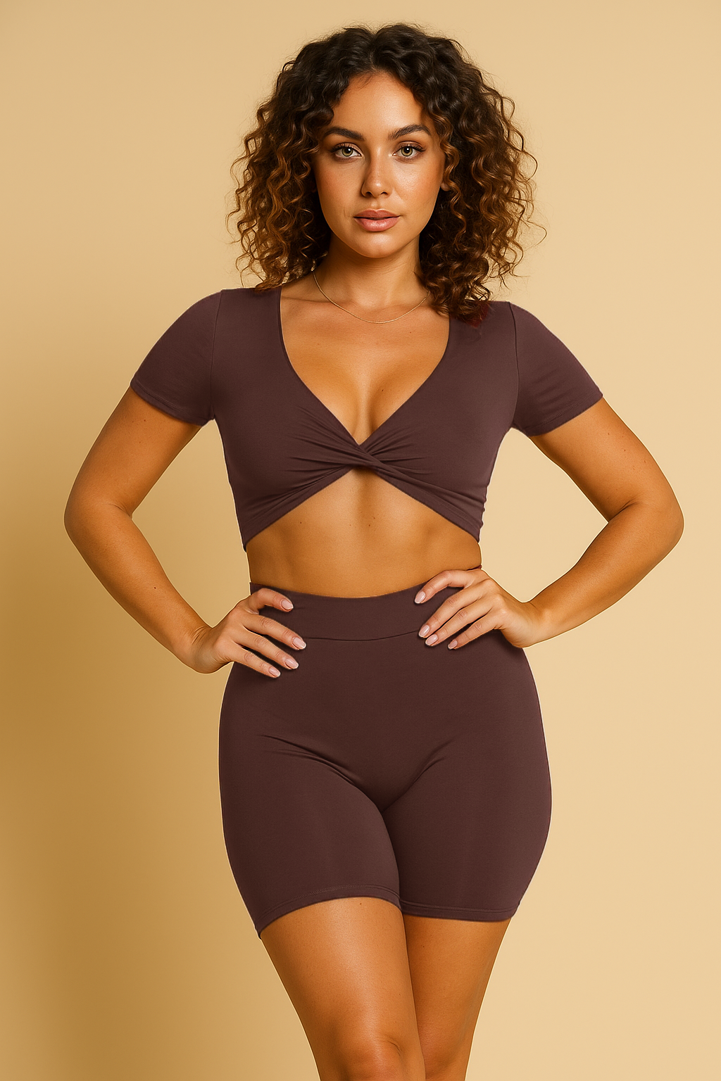 Xooie Fit short sleeve crop top and shorts set in brown fitted on model with curly hair