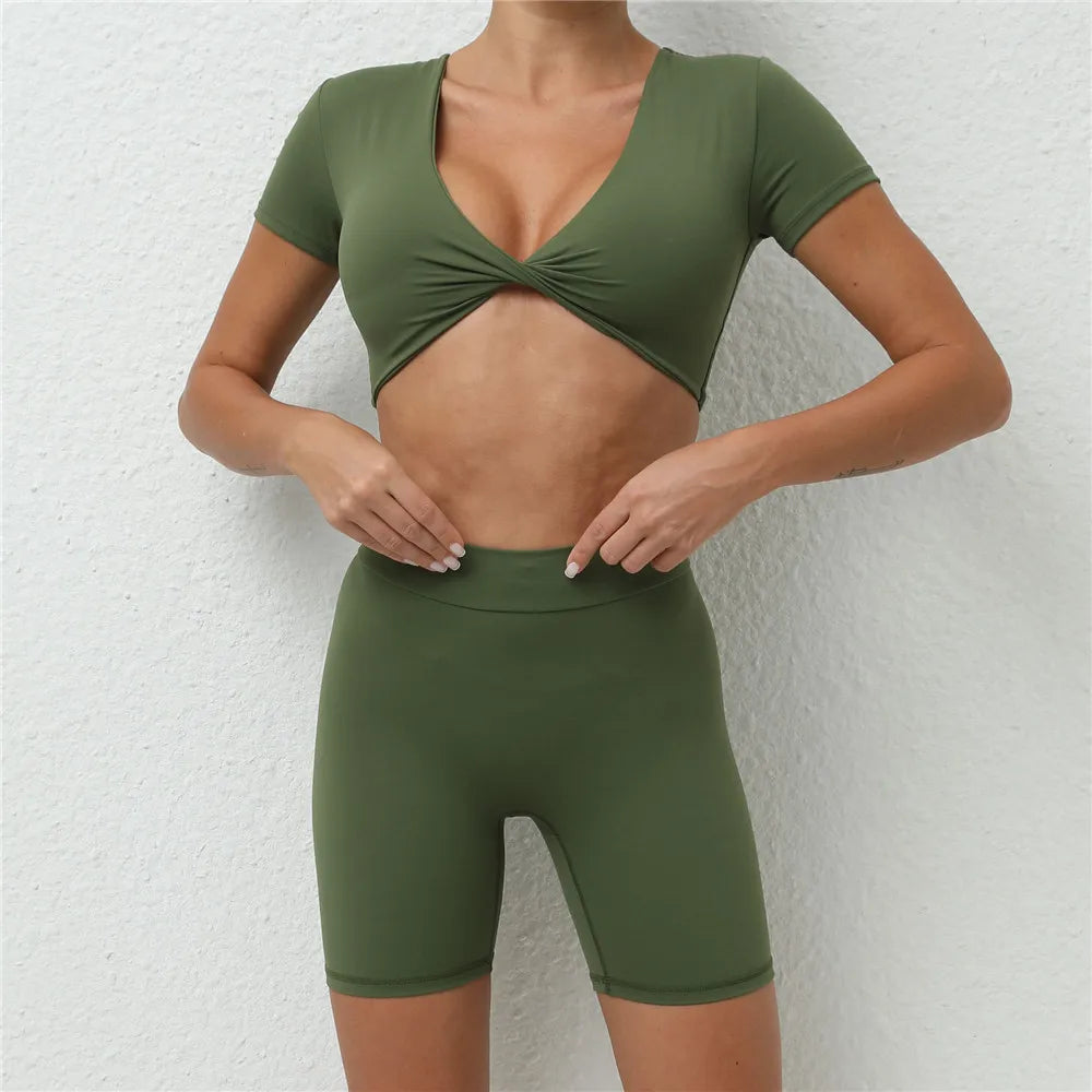 Xooie Fit olive green short sleeve crop top and shorts set with twisted front crop top and high-waisted shorts