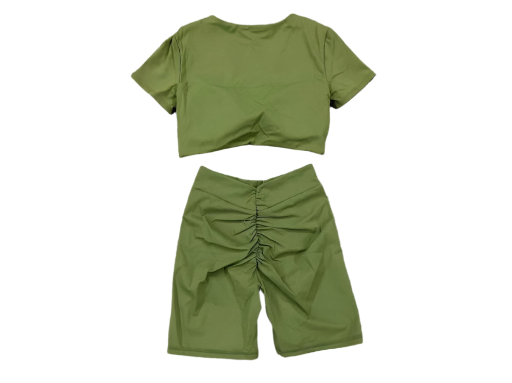 Xooie Fit olive green short sleeve crop top and shorts set with ruched detailing