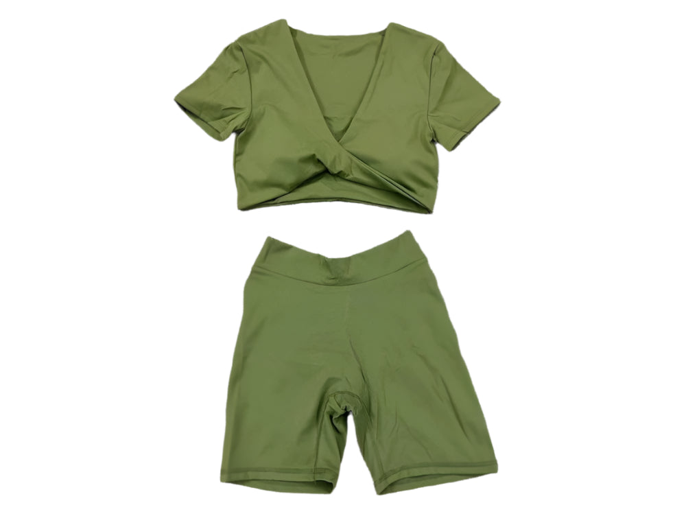 Xooie Fit short sleeve crop top and shorts set in olive green with comfortable stretch fabric
