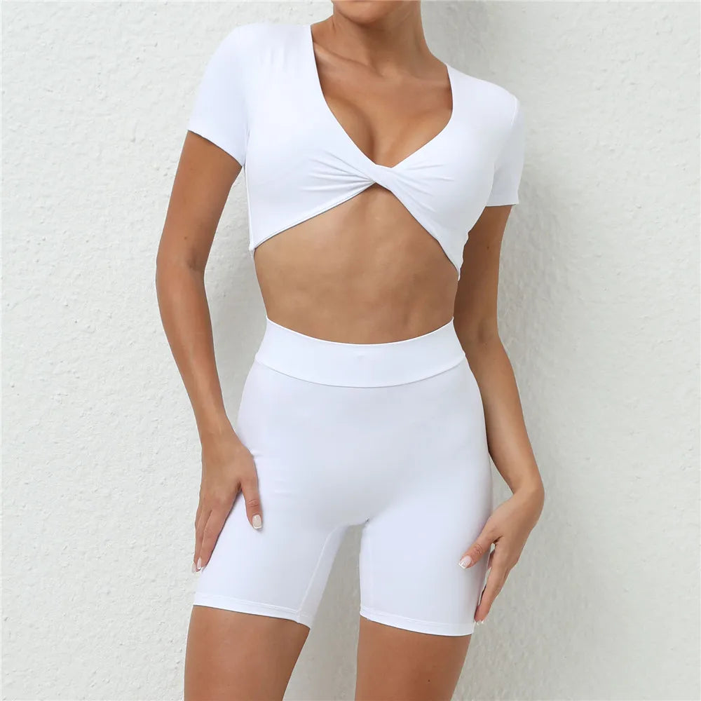 Xooie Fit white short sleeve crop top and shorts set with twist front and high-waisted shorts