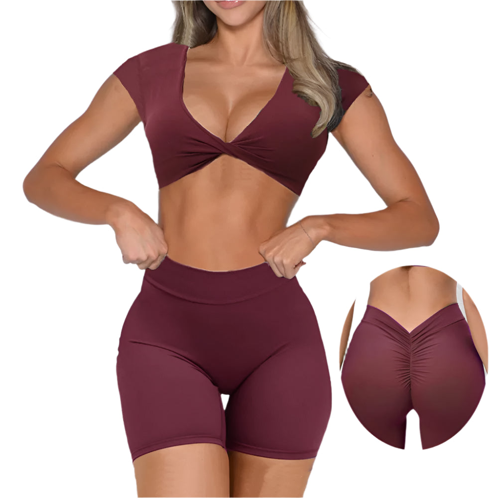 Xooie Fit short sleeve crop top and shorts set in burgundy with ruched detailing on shorts