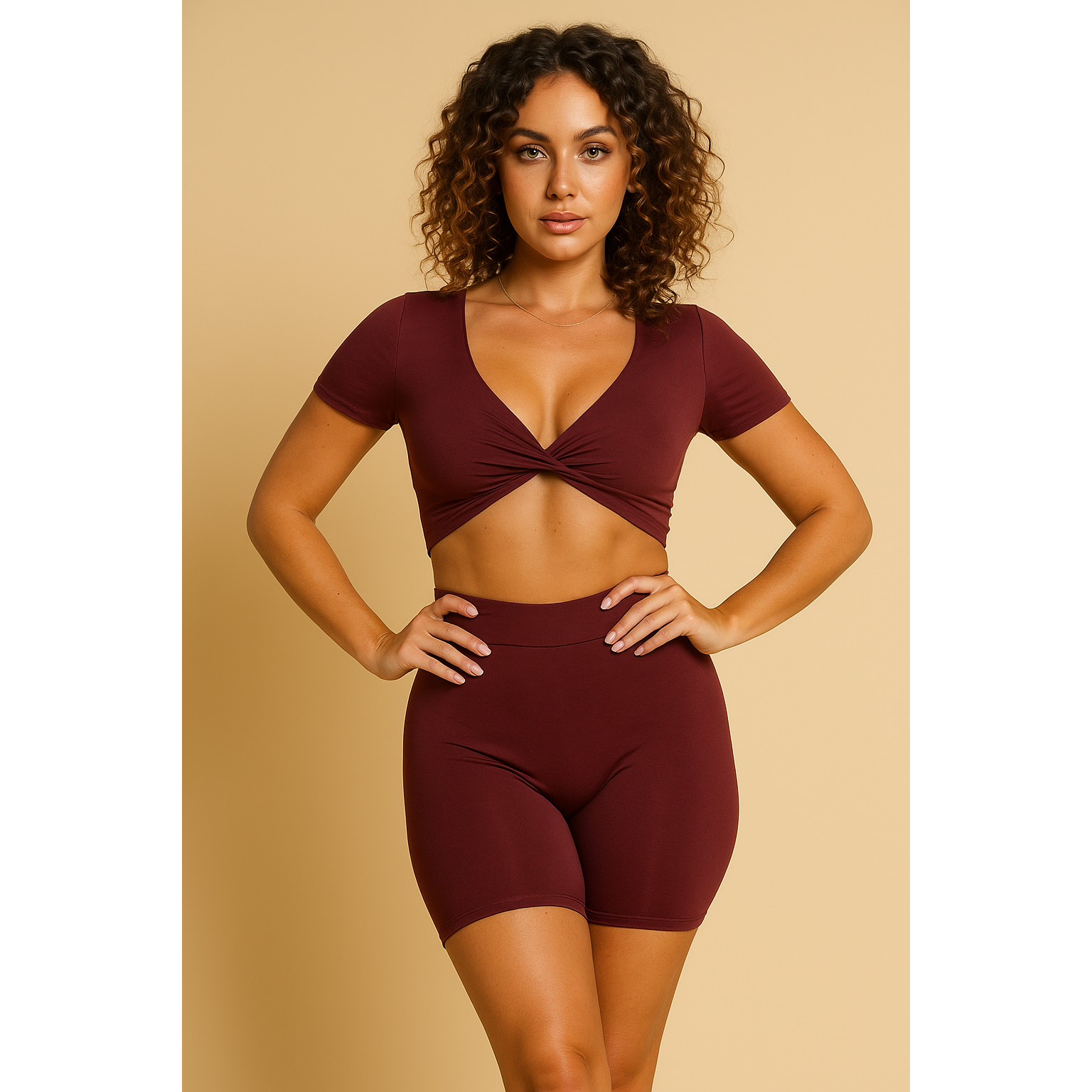 Xooie Fit short sleeve crop top and shorts set in burgundy on model with curly hair