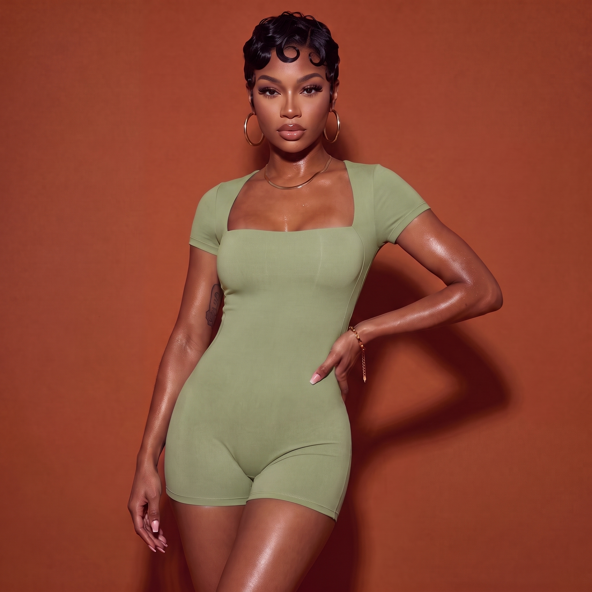 Light green short-sleeve active romper with square neckline and fitted short legs