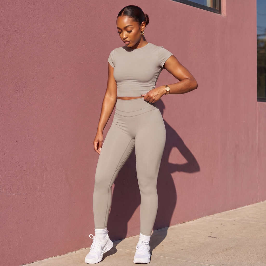 Woman in a beige athletic outfit standing against a pink wall.