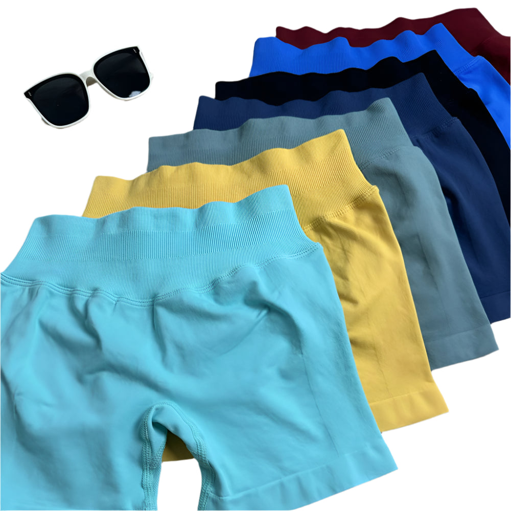 Xooie Fit Two-Piece Set featuring a side-strap bra and shorts in various colors with stylish sunglasses