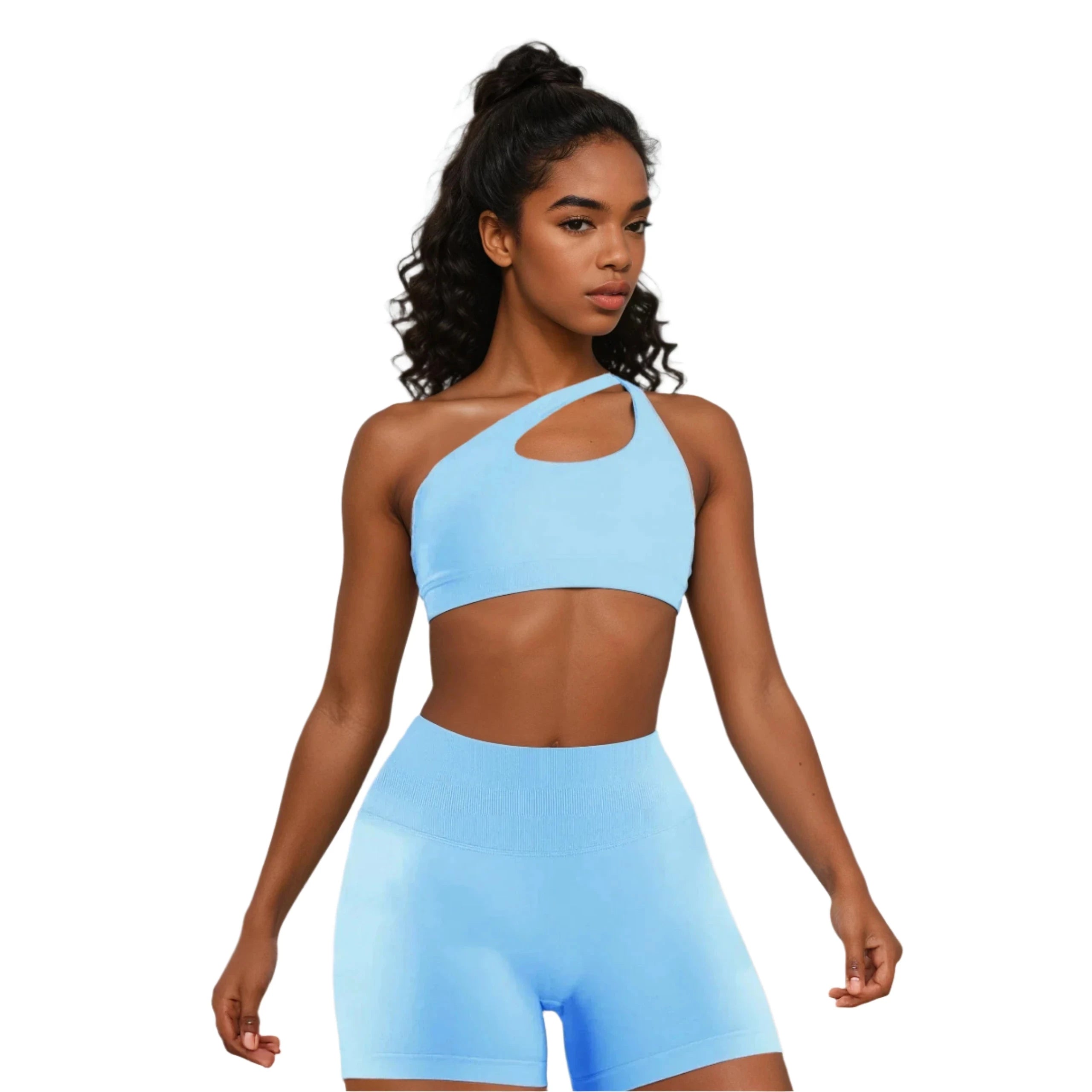 Xooie Fit Two-Piece Set featuring a side-strap bra and shorts in light blue for stylish activewear.