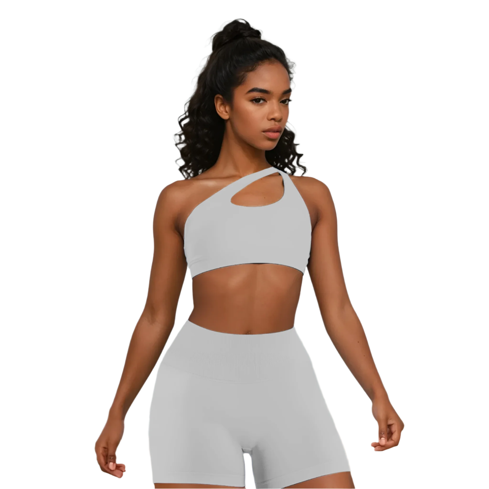 Xooie Fit Gray Two-Piece Set featuring a side-strap bra and shorts for comfortable style