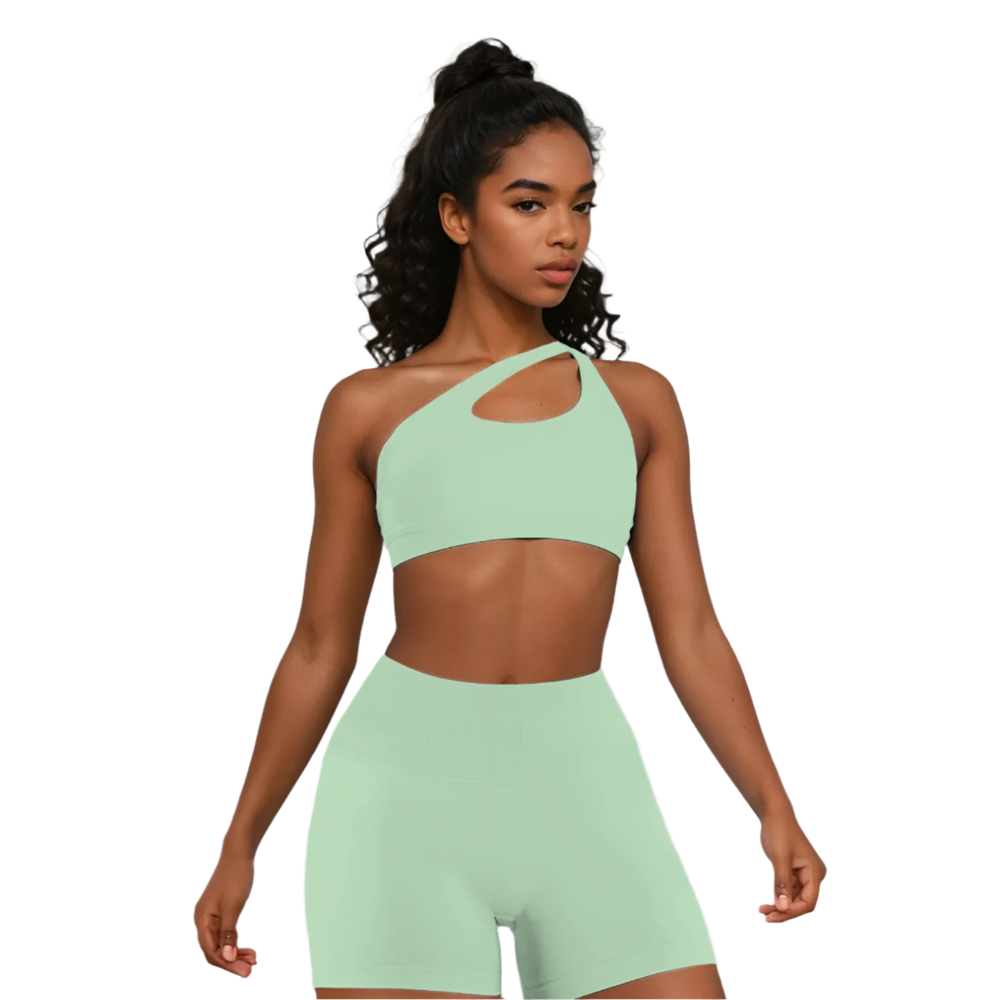 Xooie Fit Two-Piece Set featuring a side-strap bra and shorts in mint green for a stylish active look
