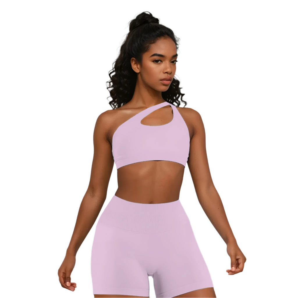 Xooie Fit Two-Piece Set featuring a side-strap bra and shorts in soft lavender color