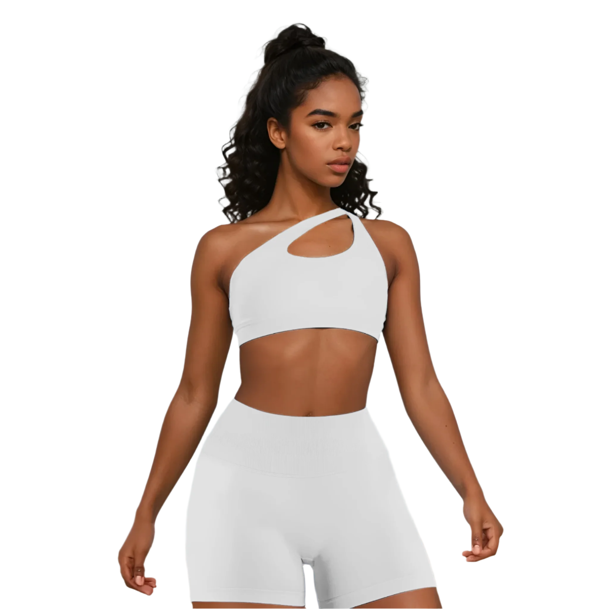 Xooie Fit Two-Piece Set featuring a side-strap bra and shorts in soft white color