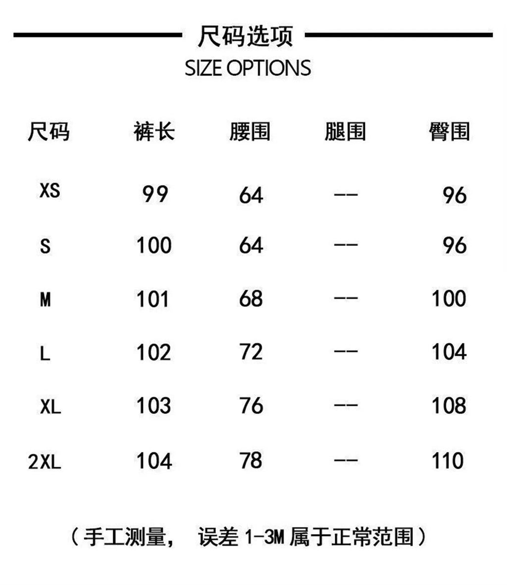 Size options chart for sweatpants with waist, inseam, and leg measurements.