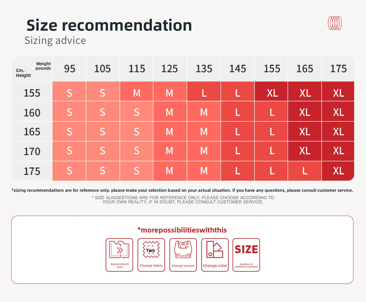 Size recommendation chart for choosing small to XL