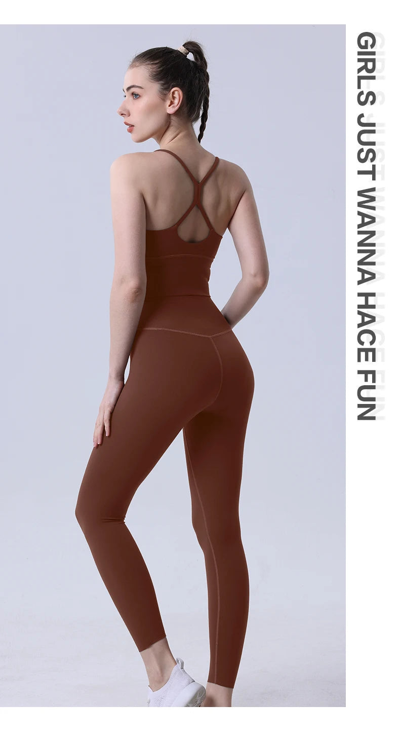 Xooie Fit two-piece set featuring a spaghetti strap activewear top and leggings in brown