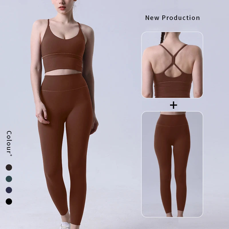 Xooie Fit Two-Piece Set featuring spaghetti strap activewear top and leggings in brown