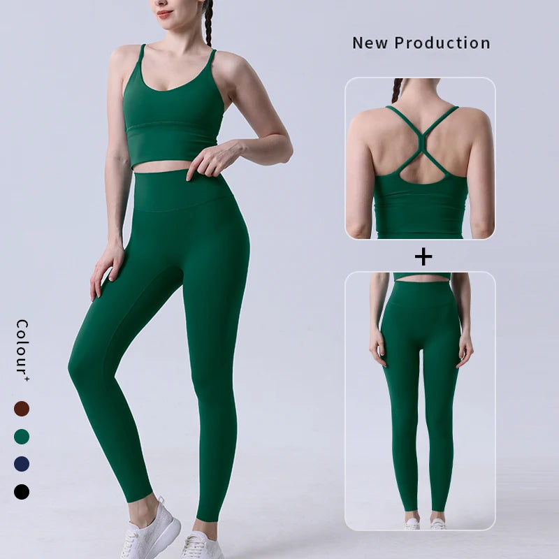 Xooie Fit Two-Piece Set featuring spaghetti strap activewear top and leggings in green