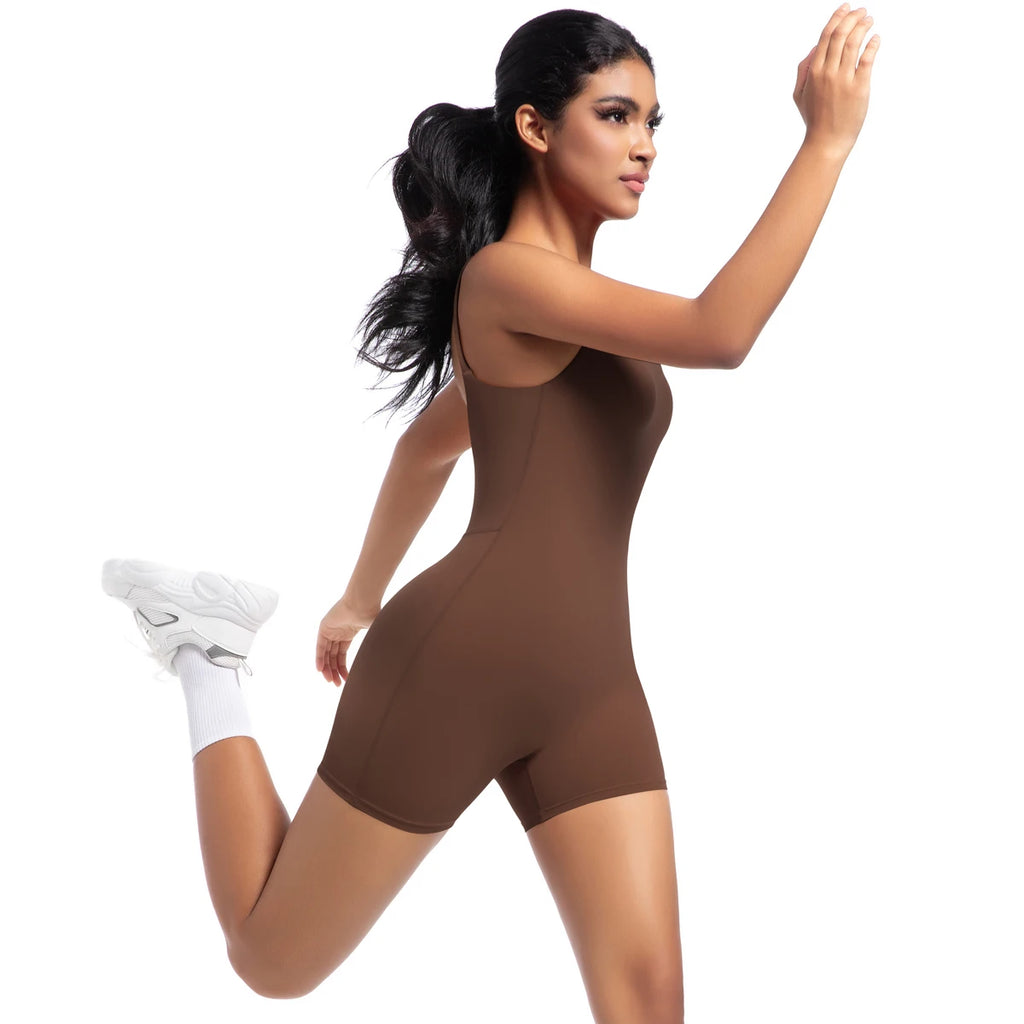 Xooie Fit spaghetti strap bodysuit shorts in brown, perfect for workouts and casual wear