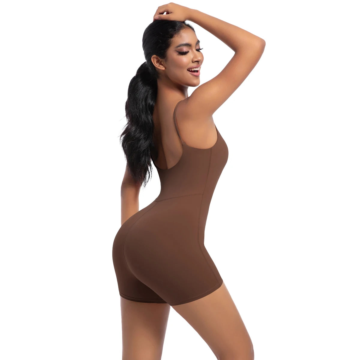 Xooie Fit Spaghetti Strap Bodysuit Shorts in Brown with a Form-Fitting Design for Comfort