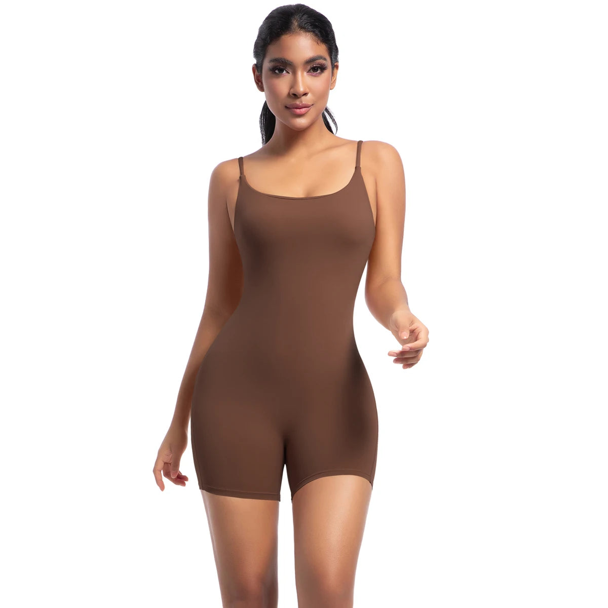 Xooie Fit Spaghetti Strap Bodysuit Shorts in Brown for Comfortable Casual Wear