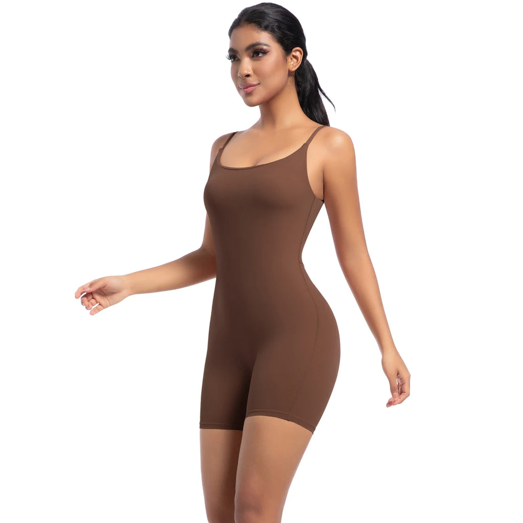 Xooie Fit Spaghetti Strap Bodysuit Shorts in Brown for Comfort and Style