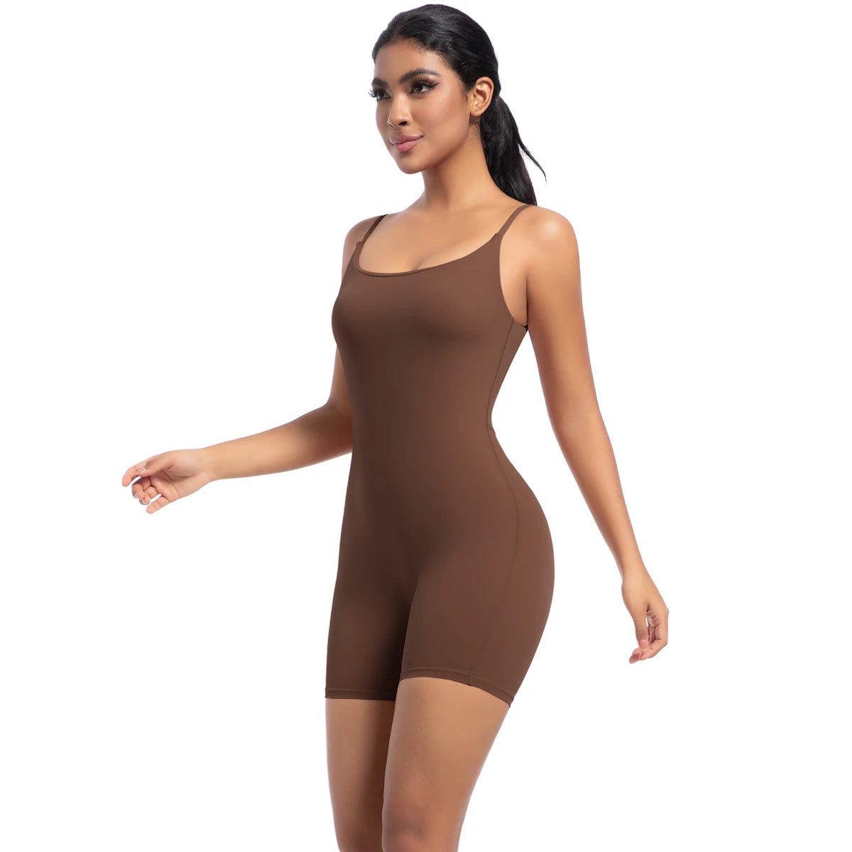 Xooie Fit Spaghetti Strap Bodysuit Shorts in Brown for Comfort and Style
