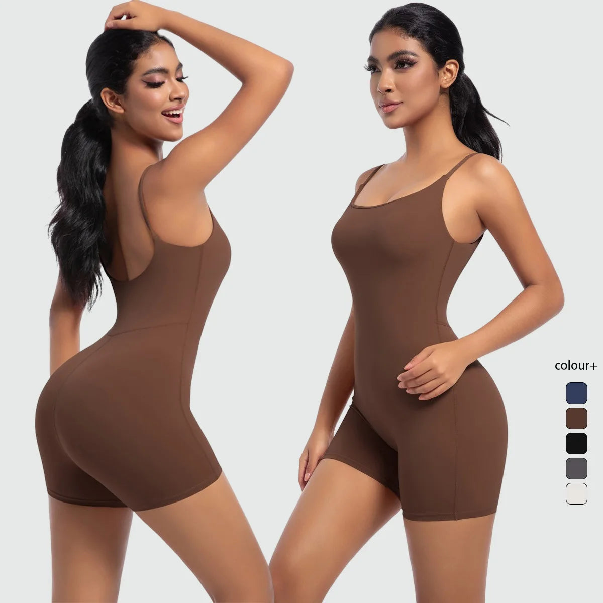 Xooie Fit Spaghetti Strap Bodysuit Shorts in Brown for a Stylish and Comfortable Fit