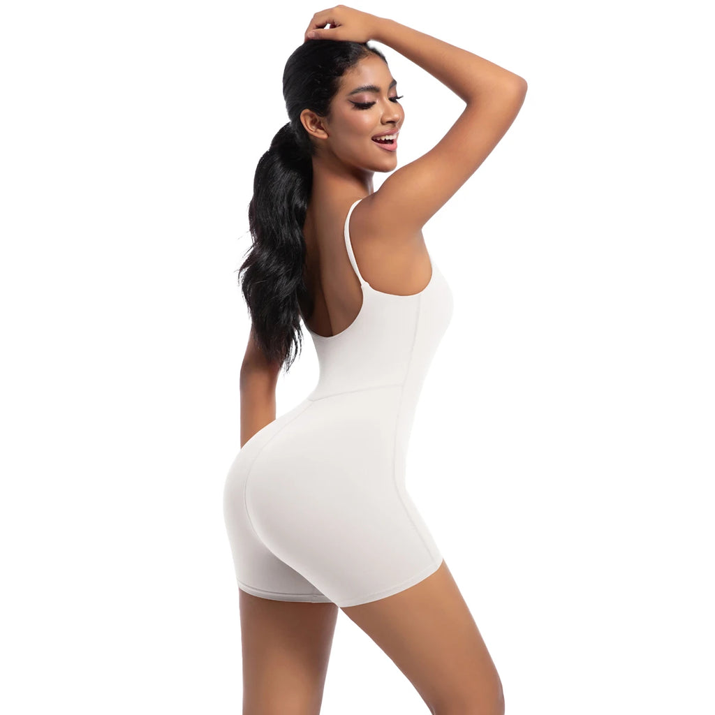 Xooie Fit Spaghetti Strap Bodysuit Shorts in White with a fitted design and open back