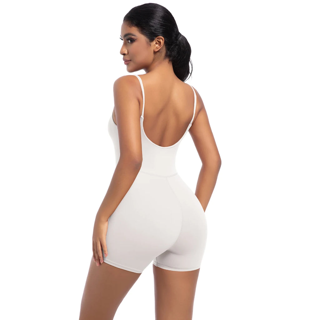 White Xooie Fit spaghetti strap bodysuit shorts with a form-fitting design for a sleek look
