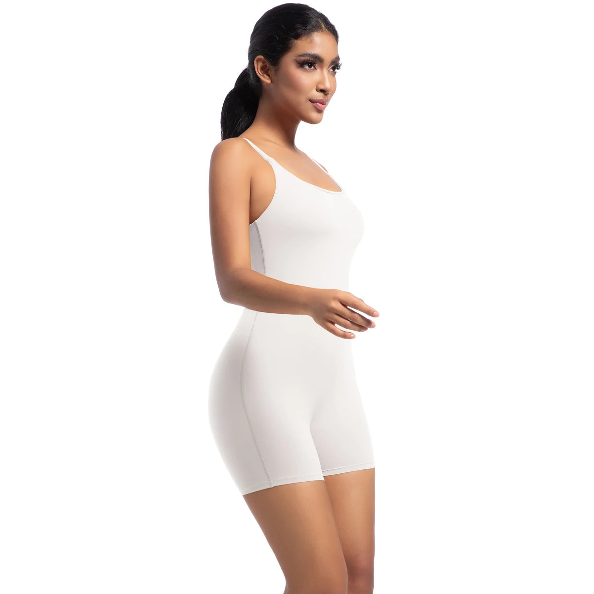Xooie Fit Spaghetti Strap Bodysuit Shorts in White for a Comfortable and Stylish Look