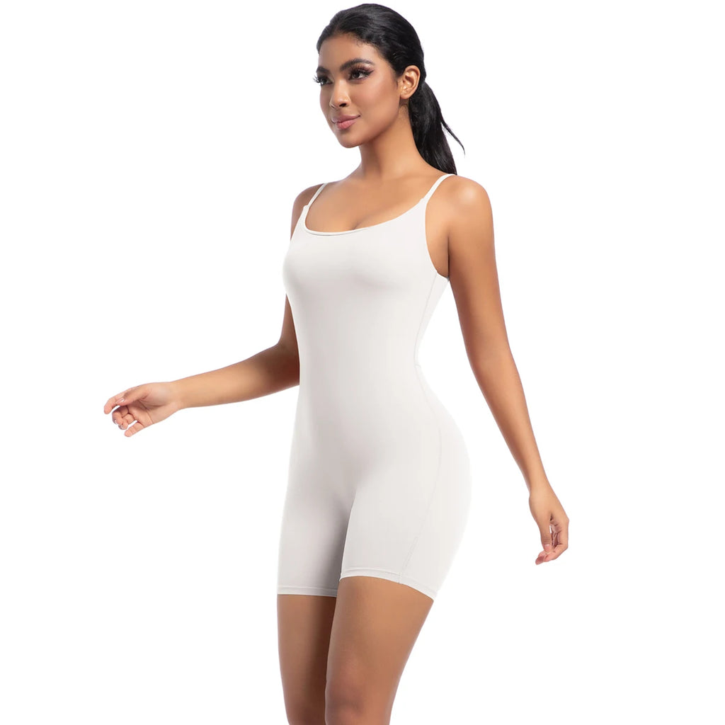 Xooie Fit Spaghetti Strap Bodysuit Shorts in white, perfect for comfortable and stylish layering