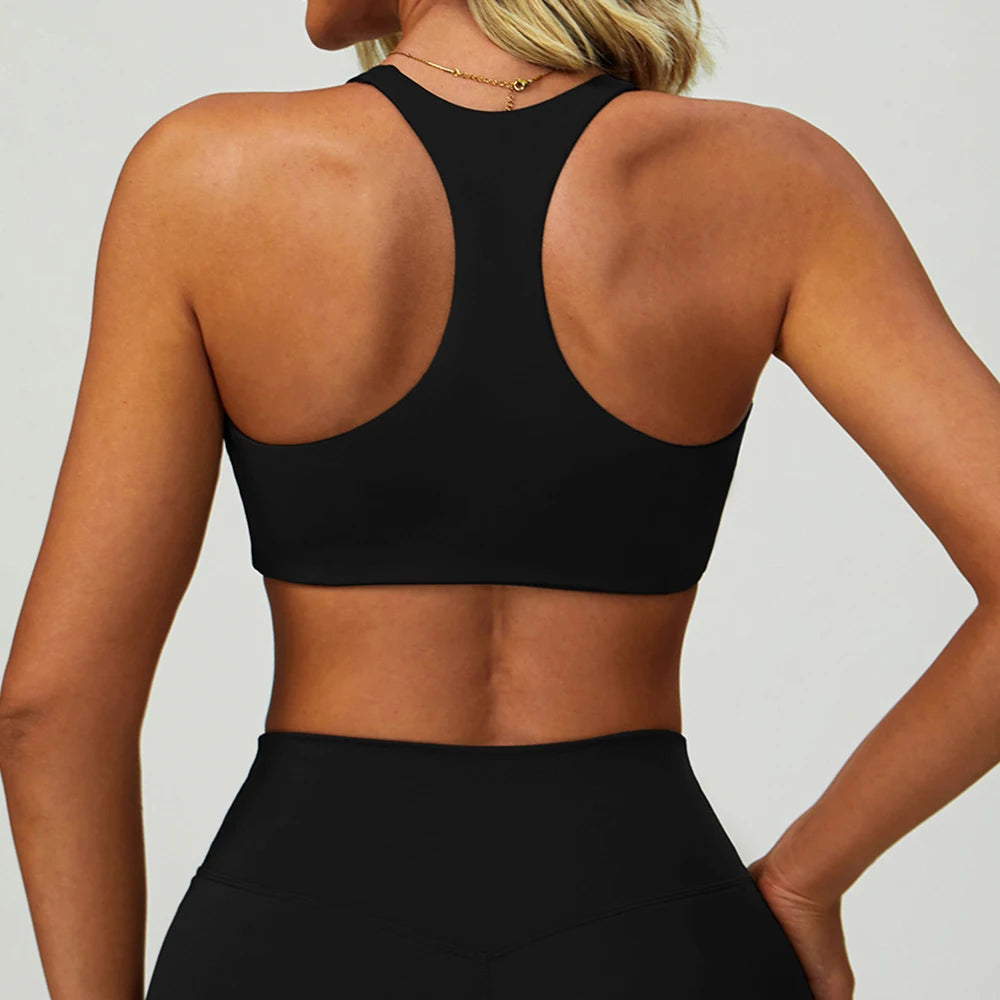 High-intensity active sports bra, black, open back with racerback straps